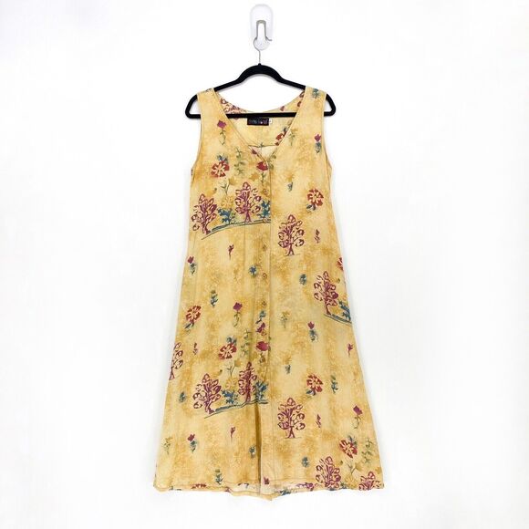 VTG JAMS WORLD Women S Dress Yellow Floral V Neck Midi Tank Button Hawaiian - Picture 2 of 7